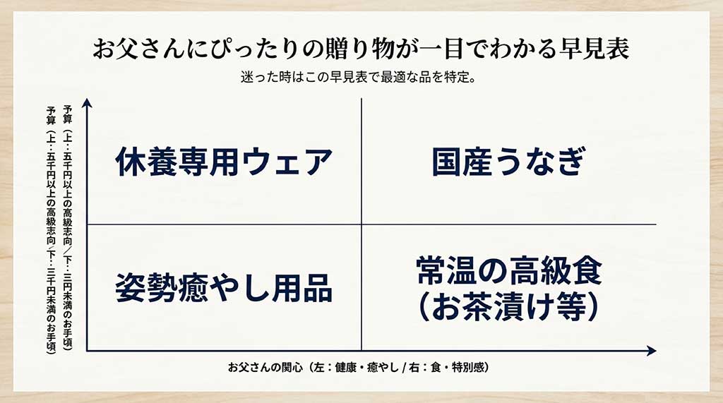 横軸をお父さんの関心(健康・癒やし/食・特別感)、縦軸を予算(3,000円未満/5,000円以上)とした、最適なギフト(休養ウェア、国産うなぎ、姿勢用品、高級食)が一目でわかるマトリクス早見表スライド