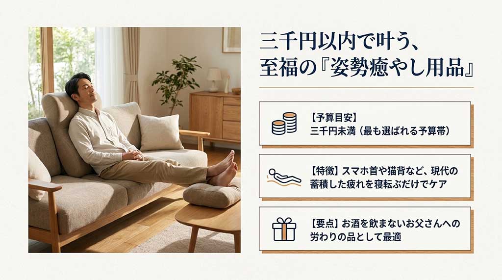 ソファでリラックスする男性のイラストと共に、予算3,000円未満で現代の疲れをケアする姿勢癒やし用品の要点をまとめたスライド
