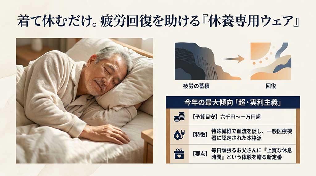 眠っている男性のイラストと共に、予算目安6,000円から1万円超、一般医療機器認定の特殊繊維で血流を促す休養専用ウェアの特徴を解説したスライド