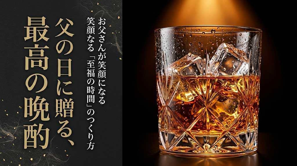 父の日のプレゼントに贈る、氷が入った本格焼酎のロックグラスのイメージ画像。