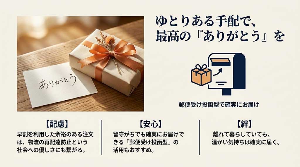 「ありがとう」のメッセージカードが添えられたギフトボックスとポスト投函のイラストと共に、早割による物流への配慮、郵便受け投函型の活用、離れて暮らす父親への絆をまとめたスライド