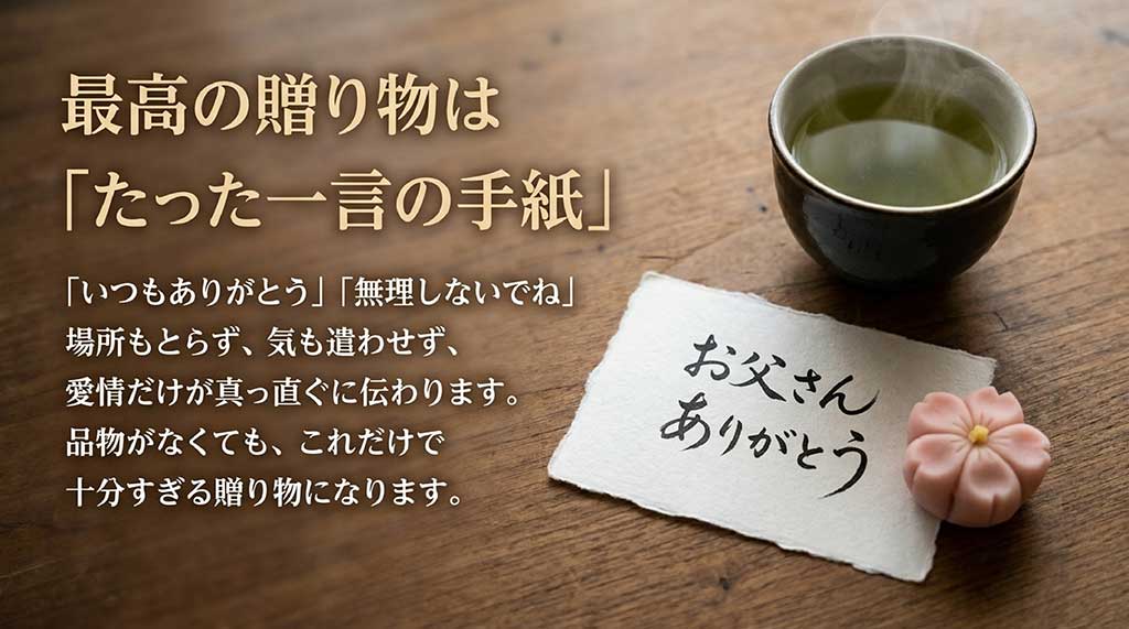 「いつもありがとう」などの一言の手紙は場所をとらず気を遣わせず、愛情が真っ直ぐ伝わる最高の贈り物であると解説するスライド