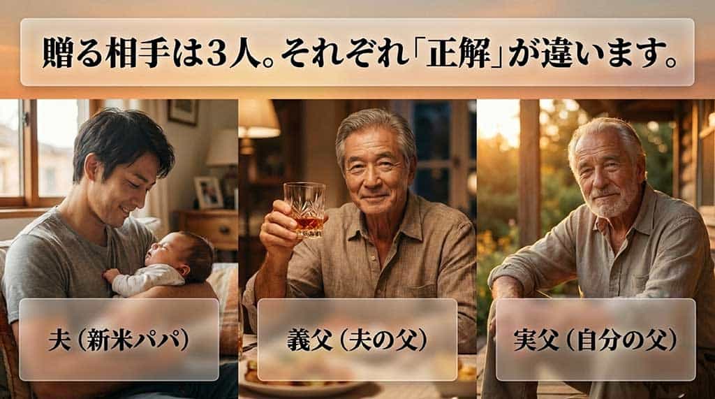 「贈る相手は3人。それぞれ『正解』が違います。」という文字と共に、夫（新米パパ）、義父（夫の父）、実父（自分の父）のイラストやアイコンが並んだ、ターゲット別の選び方の基本を示すスライド画像