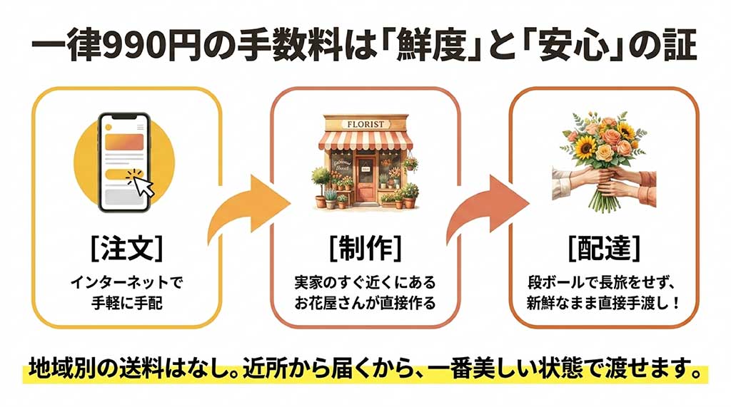 インターネットで注文後、実家近くのお花屋さんが制作・直接配達して新鮮なまま手渡しする仕組みの解説スライド