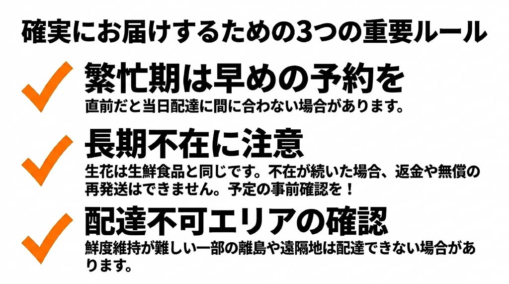 繁忙期の早期予約、長期不在への注意、配達不可エリアの確認という確実にお花を届けるための3つの重要ルールスライド