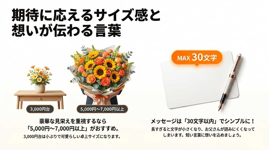 豪華な見栄えの予算目安（5,000円〜7,000円以上）とメッセージカードの30文字以内制限を解説するスライド