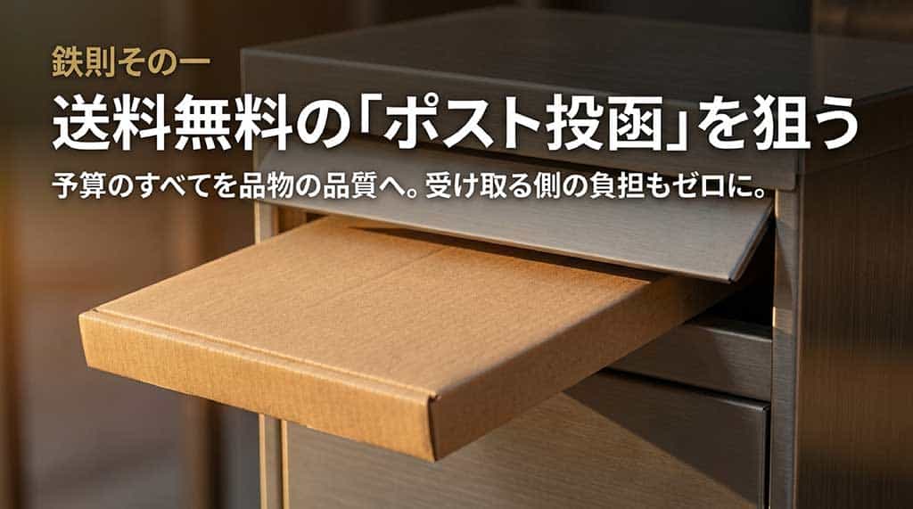 「鉄則その一 送料無料の『ポスト投函』を狙う 予算のすべてを品物の品質へ。受け取る側の負担もゼロに。」と書かれたスライド