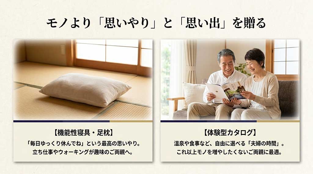 毎日ゆっくり休んでもらうための機能性寝具・足枕と、温泉や食事など夫婦の時間を自由に選べる体験型カタログのイメージ。