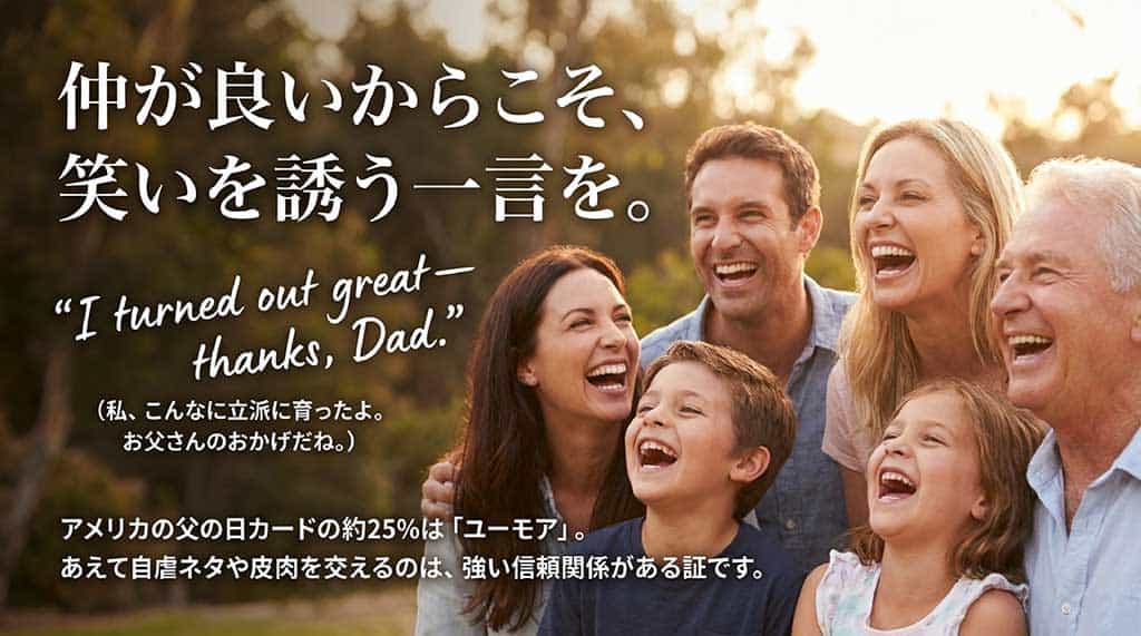 「仲が良いからこそ、笑いを誘う一言を。」というメッセージと、「I turned out great—thanks, Dad.」などの自虐や皮肉を交えたユーモアカードの文化を解説するスライド資料。