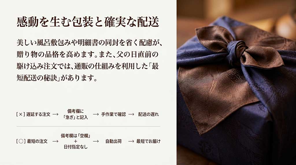 深い紺色と上品なブラウンのシックな風呂敷で、美しく大きなリボン状に結ばれた高級感のあるギフトボックスの包装写真。
