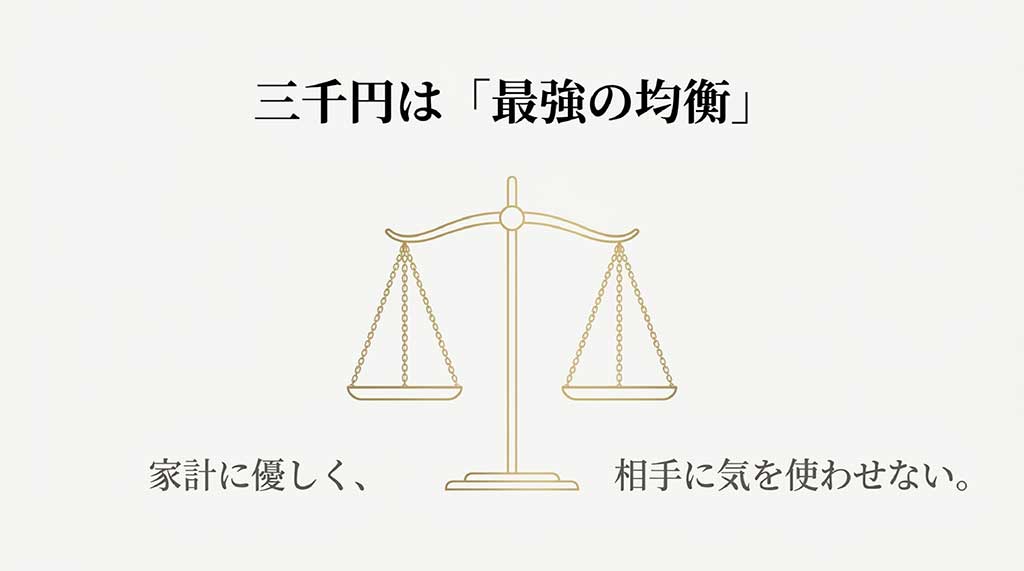 天秤のイラストとともに、「三千円は『最強の均衡』 家計に優しく、相手に気を使わせない。」と言葉が添えられたスライド。