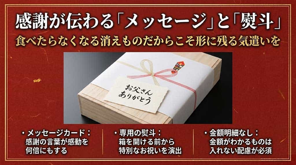 メッセージカードや専用の熨斗による演出効果と、金額明細を入れない配慮の重要性を説明するスライド。