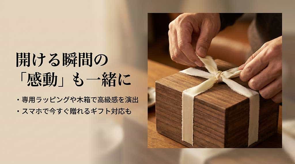 専用ラッピングや木箱での高級感の演出、スマホで今すぐ贈れるソーシャルギフト対応など、開ける瞬間の感動も一緒に届けるギフトサービスを説明するスライド画面。