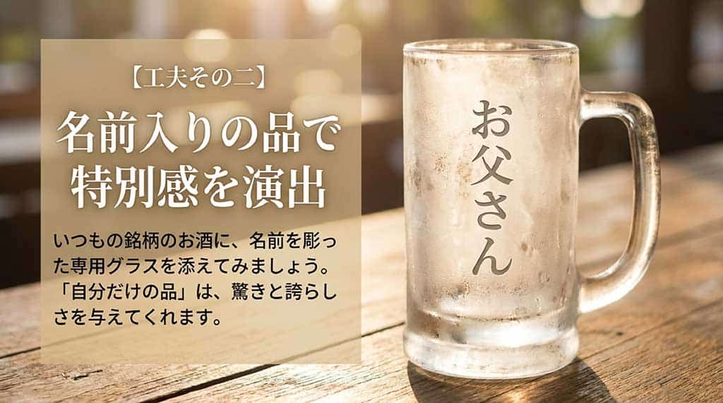 工夫その二として、名前入りの品で特別感を演出するアイデア。いつもの銘柄のお酒に名前を彫った専用グラスを添えるなど、自分だけの品が驚きと誇らしさを与えることを説明するスライド。