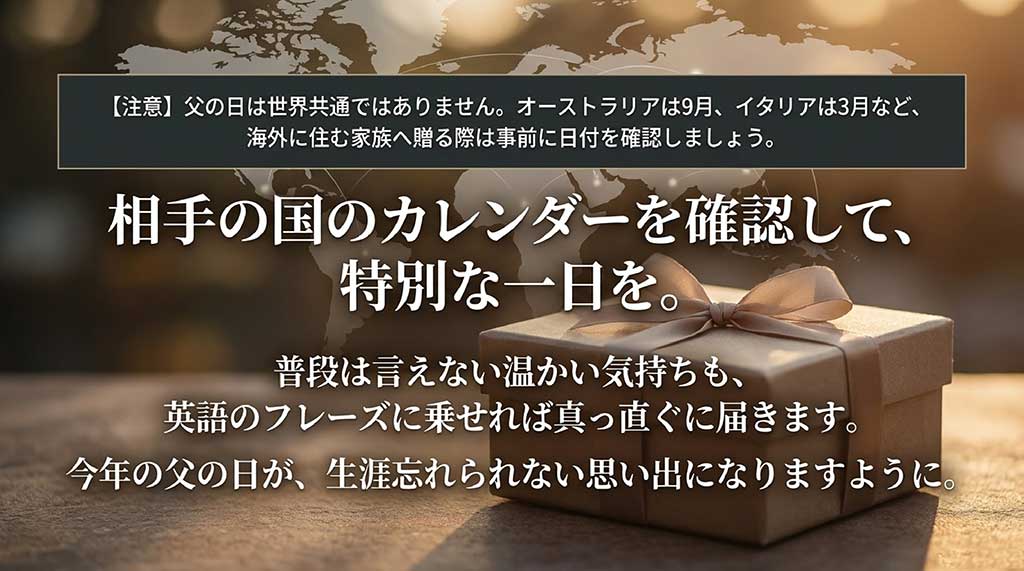 オーストラリアは9月、イタリアは3月など、父の日が世界共通ではない注意点と、「今年の父の日が生涯忘れられない思い出になりますように」というまとめのメッセージが記載されたスライド資料。