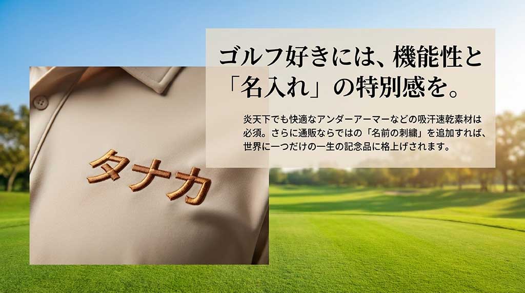 「ゴルフ好きには、機能性と『名入れ』の特別感を。炎天下でも快適なアンダーアーマーなどの吸汗速乾素材に、名前の刺繍を追加して一生の記念品に」と書かれた解説スライド