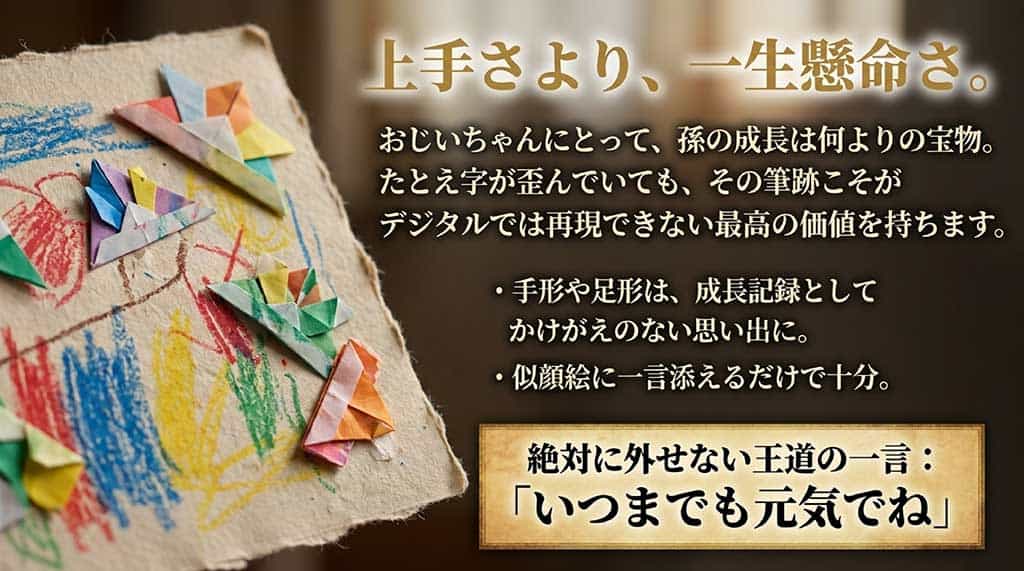 おじいちゃんにとって孫の筆跡や手形・足形が宝物であることと、健康を願う王道のフレーズを紹介するスライド