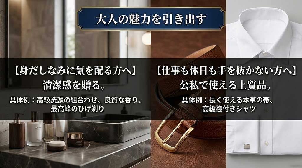 清潔感を贈る美容用品や、公私で使える上質な革小物・ファッションアイテム