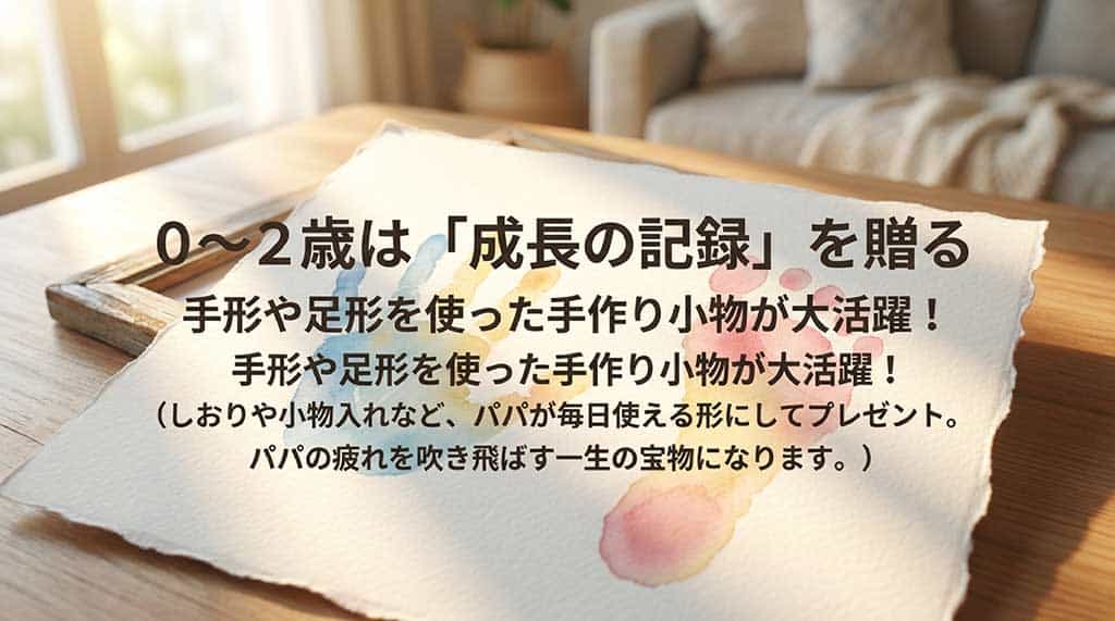 「0〜2歳は『成長の記録』を贈る」という見出し。手形や足形を使ったしおりや小物入れなど、パパが毎日使える手作り小物が一生の宝物になることを説明したスライド。