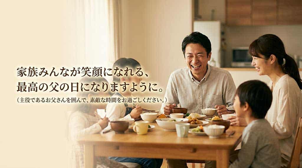 「家族みんなが笑顔になれる、最高の父の日になりますように。主役であるお父さんを囲んで、素敵な時間をお過ごしください。」という温かいメッセージで締めくくられたスライド