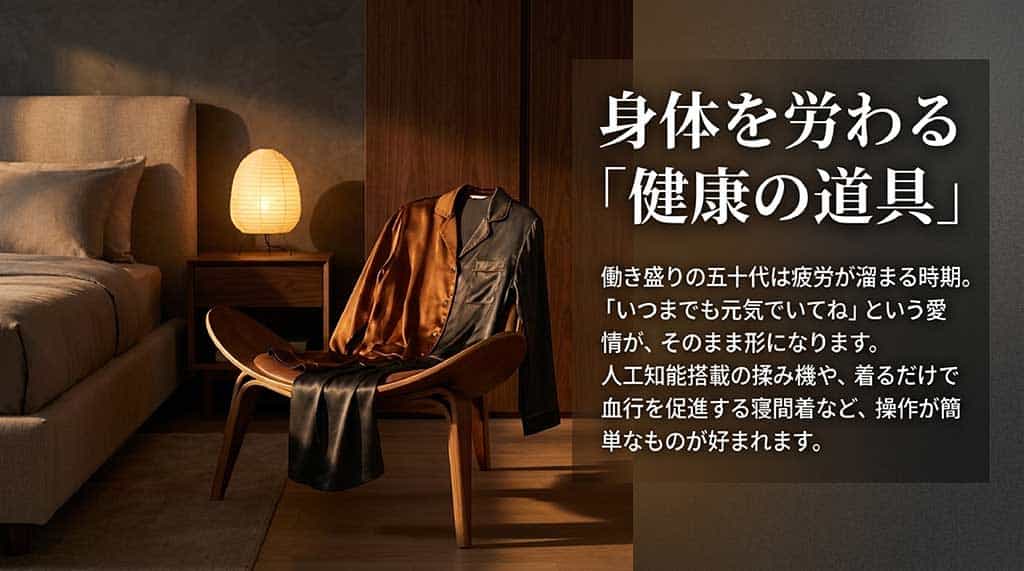 働き盛りの50代へ贈る健康の道具として、AI搭載マッサージ機やリカバリーウェアなど操作が簡単なものが好まれるという紹介