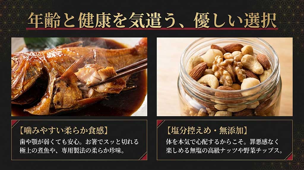 お箸で切れる極上の煮魚の画像と、瓶に入った無塩ミックスナッツの画像。「噛みやすい柔らか食感（煮魚・柔らか珍味）」および「塩分控えめ・無添加（無塩ナッツ・野菜チップス）」の解説