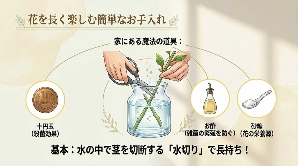 水の中での茎の切り方(水切り)や、10円玉(殺菌)、砂糖(栄養)など家にあるもので花を長持ちさせる裏技の解説画像