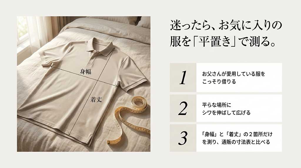 平らに広げたポロシャツの身幅と着丈の計測位置を示すイラストと、お父さんの服をこっそり借りてシワを伸ばし、通販の寸法表と比べる手順が書かれたスライド