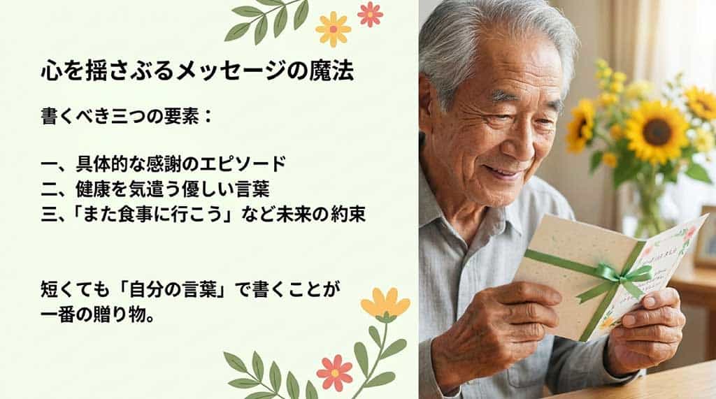 感謝のエピソード、健康への配慮、未来の約束の3つの要素を取り入れた、自分の言葉で書くメッセージのコツ