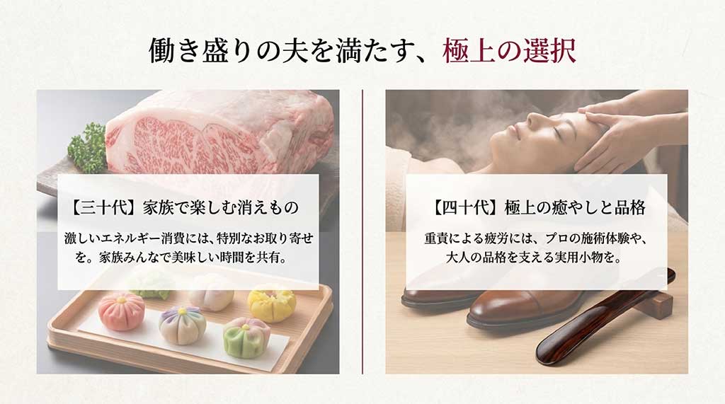 30代の夫には家族で楽しむお取り寄せなどの消えもの、40代の夫にはプロの施術体験や実用小物などの癒やしと品格を贈ることを提案するスライド