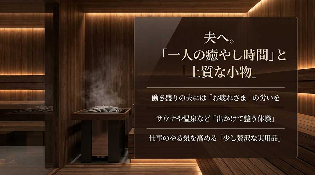夫へのギフトとしてサウナや温泉などの体験ギフト、やる気を高める贅沢な実用品の提案