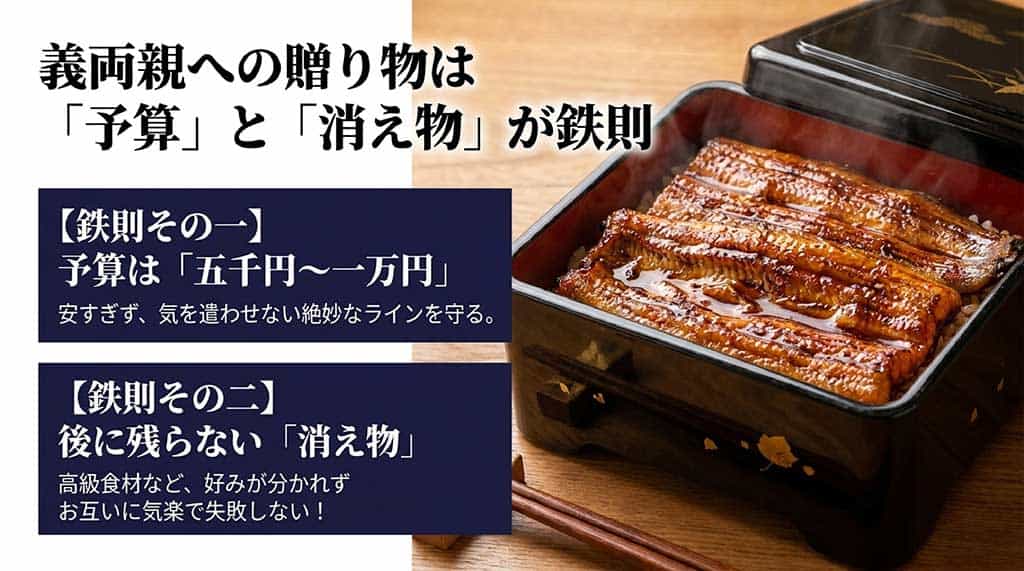義両親への贈り物は予算5,000円〜10,000円、後に残らない高級食材などの消え物が鉄則であることを示す解説。