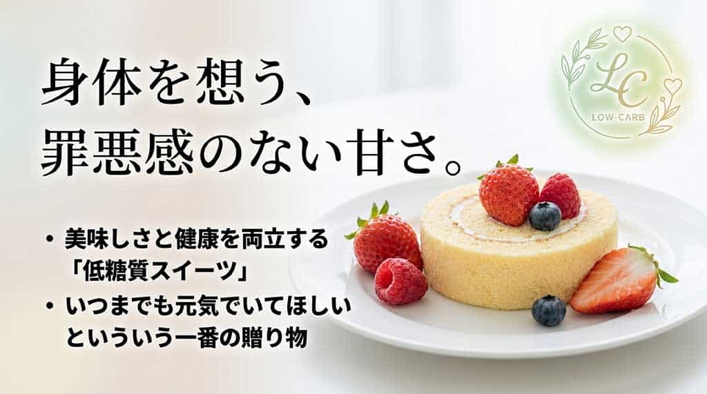 美味しさと健康を両立する「LOW-CARB（低糖質スイーツ）」のロゴマークと、いつまでも元気でいてほしいという願いを込めたギフトの解説