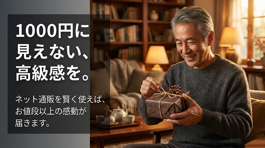 「1000円に見えない、高級感を。ネット通販を賢く使えば、お値段以上の感動が届きます。」という高見えのコツを紹介するスライド