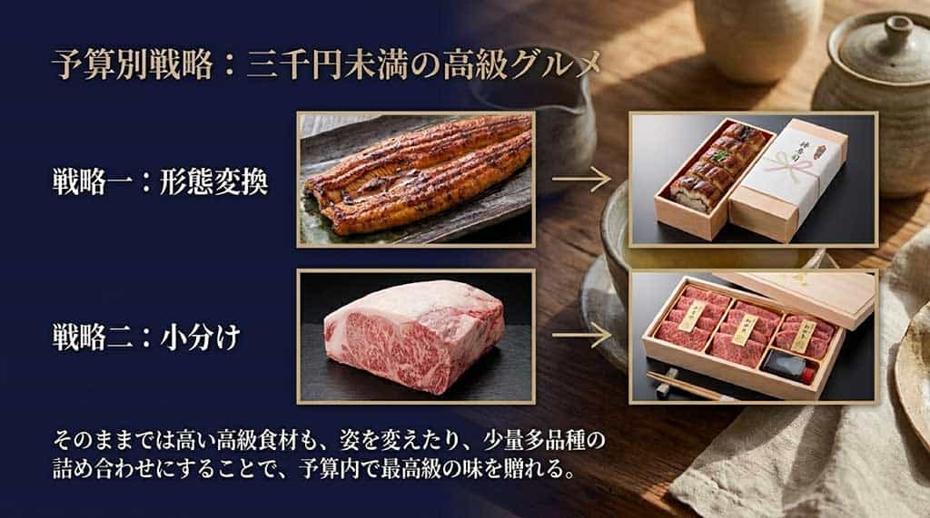 1,000円〜2,000円台の予算別戦略を解説したスライド。有名ブランド×少量パッケージ(クッキーやドリップコーヒー)で圧倒的な高級感を演出し、安くても安っぽく見せないコツを「ブランドの最小単位を狙う」という図解で説明しています。