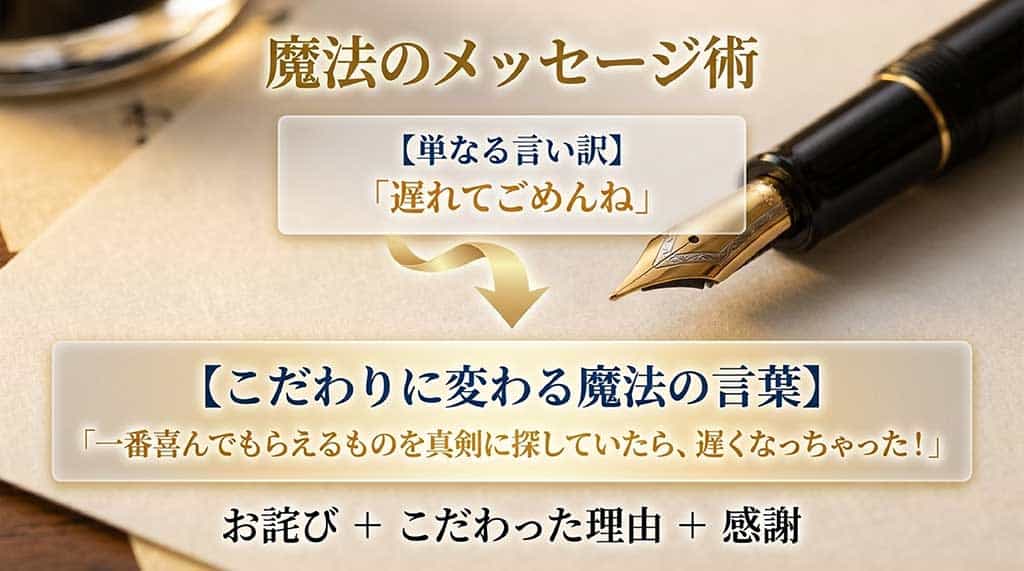 「魔法のメッセージ術。単なる言い訳『遅れてごめんね』から、こだわりに変わる魔法の言葉『一番喜んでもらえるものを真剣に探していたら、遅くなっちゃった！』お詫び＋こだわった理由＋感謝」と書かれた文章構成のスライド。