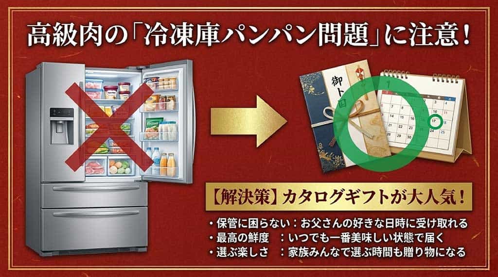 高級肉の冷凍庫パンパン問題を解決する策として、好きな日時に受け取れて鮮度も保てるカタログギフトのメリットを解説したスライド。