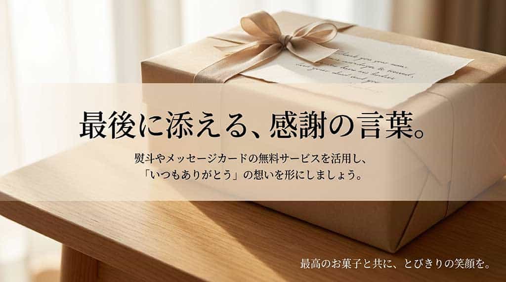 無料の熨斗（のし）やメッセージカードを活用して「いつもありがとう」の想いを形にすることを推奨するメッセージスライド