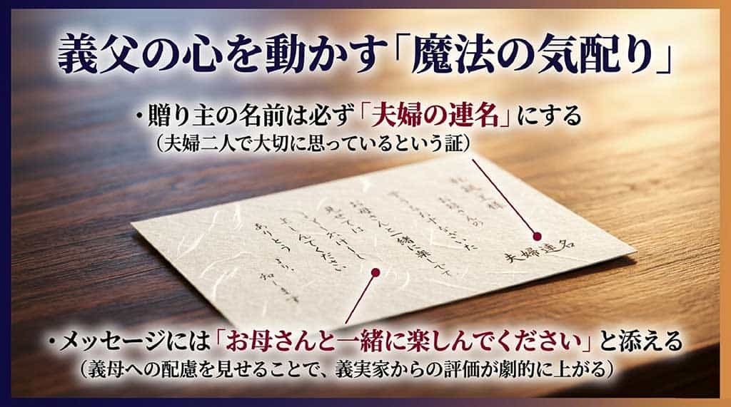 夫婦連名での送付や、義母への配慮を含めたメッセージの書き方など、義実家での評価を上げる気配り術のスライド