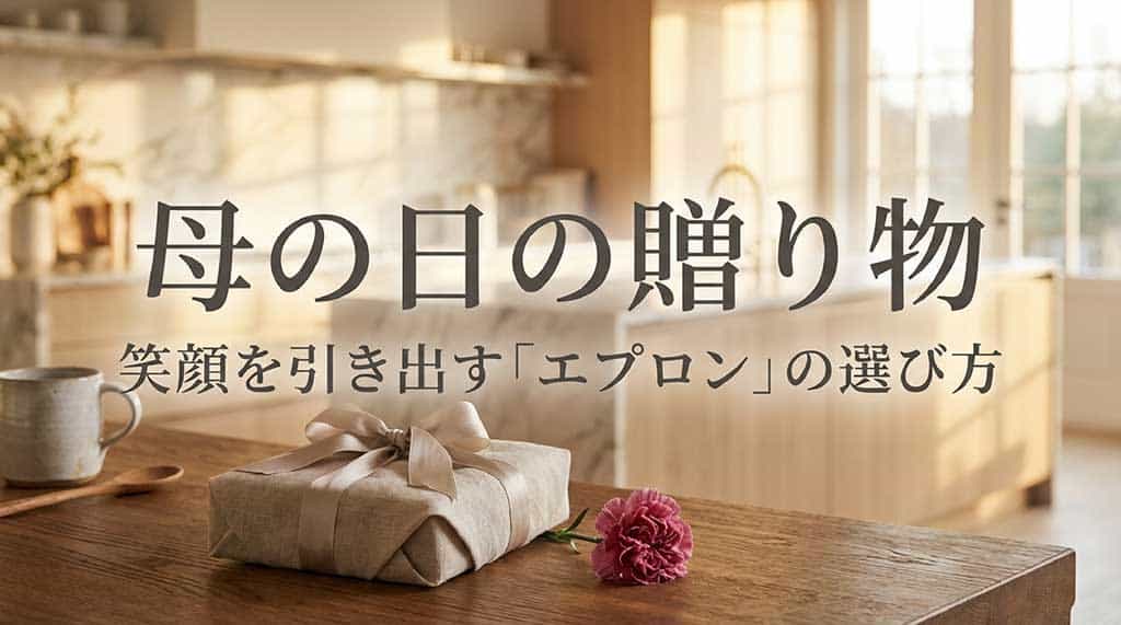 ナチュラルなキッチンでリネンエプロンを着用した女性の画像。タイトル「母の日の贈り物 笑顔を引き出すエプロンの選び方」の文字