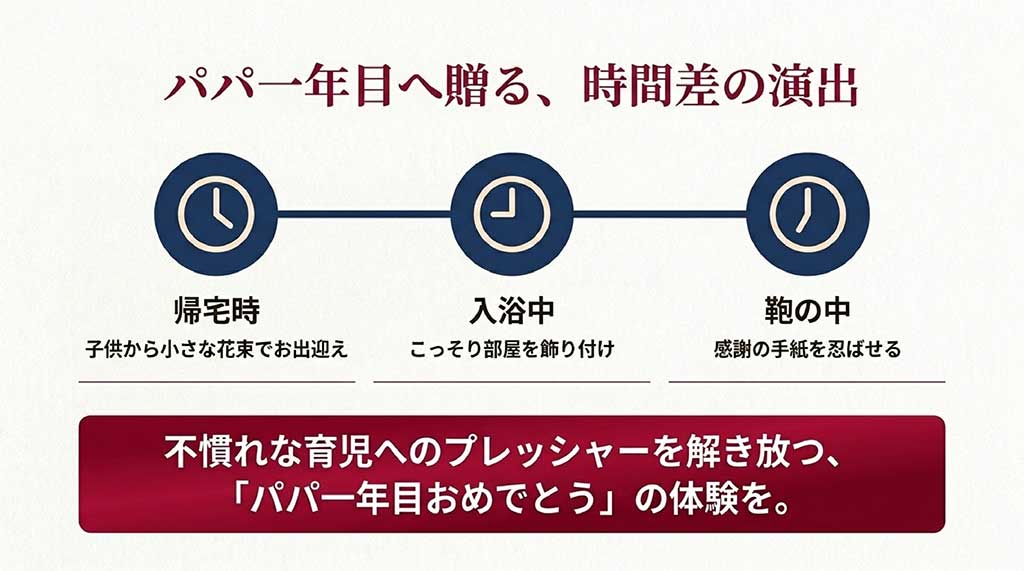 パパ1年目の夫へ贈る、帰宅時の小さな花束、入浴中の部屋の飾り付け、鞄の中の感謝の手紙という時間差サプライズの演出案