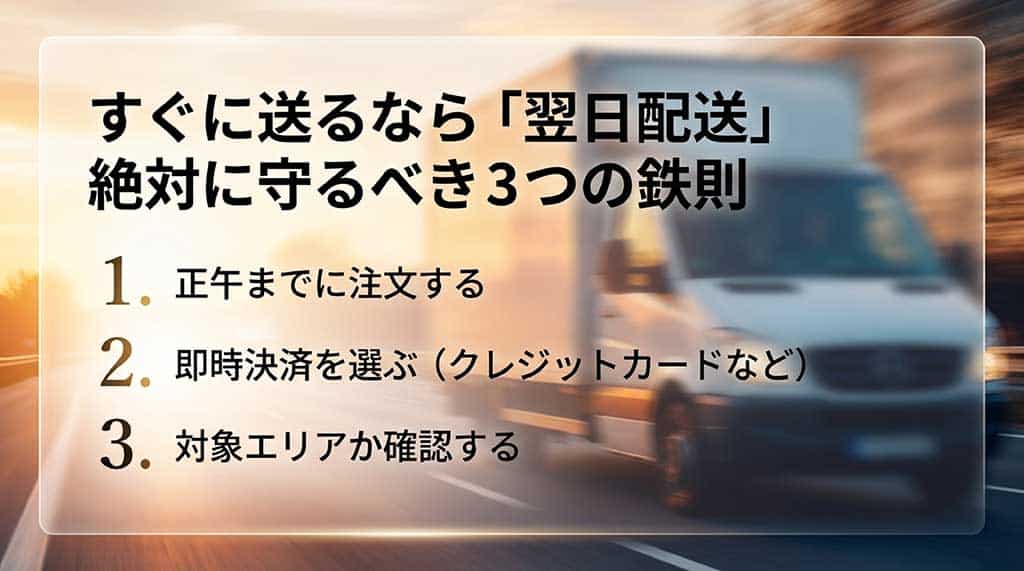 「すぐに送るなら『翌日配送』絶対に守るべき3つの鉄則。1. 正午までに注文する 2. 即時決済を選ぶ 3. 対象エリアか確認する」と書かれた注意喚起のスシャルスライド。