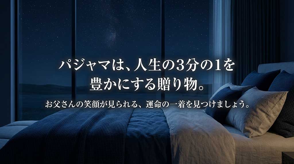 パジャマは人生の3分の1を豊かにする贈り物であり、お父さんの笑顔が見られる運命の一着を見つけようという締めくくりのスライド