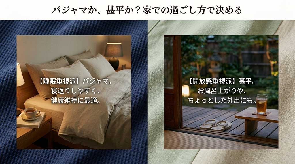 睡眠重視派（パジャマ）と開放感重視派（甚平）のライフスタイルに合わせた選び方の比較スライド