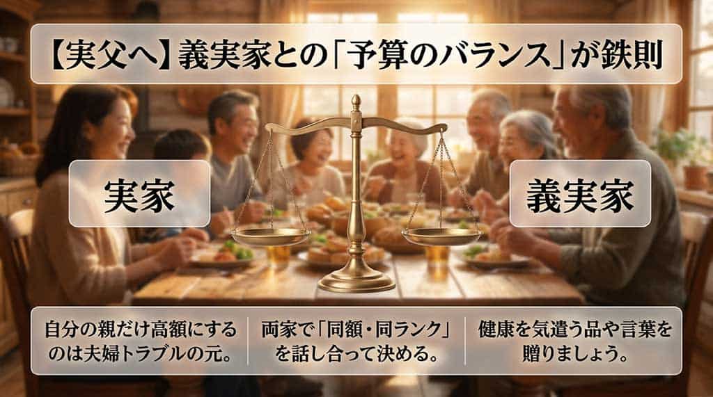 「【実父へ】義実家との予算のバランスが鉄則」と題し、自分の親だけ高額にするのは夫婦トラブルの元であること、両家で同額・同ランクを話し合って決めるべきことを示す天秤のような図解のスライド画像