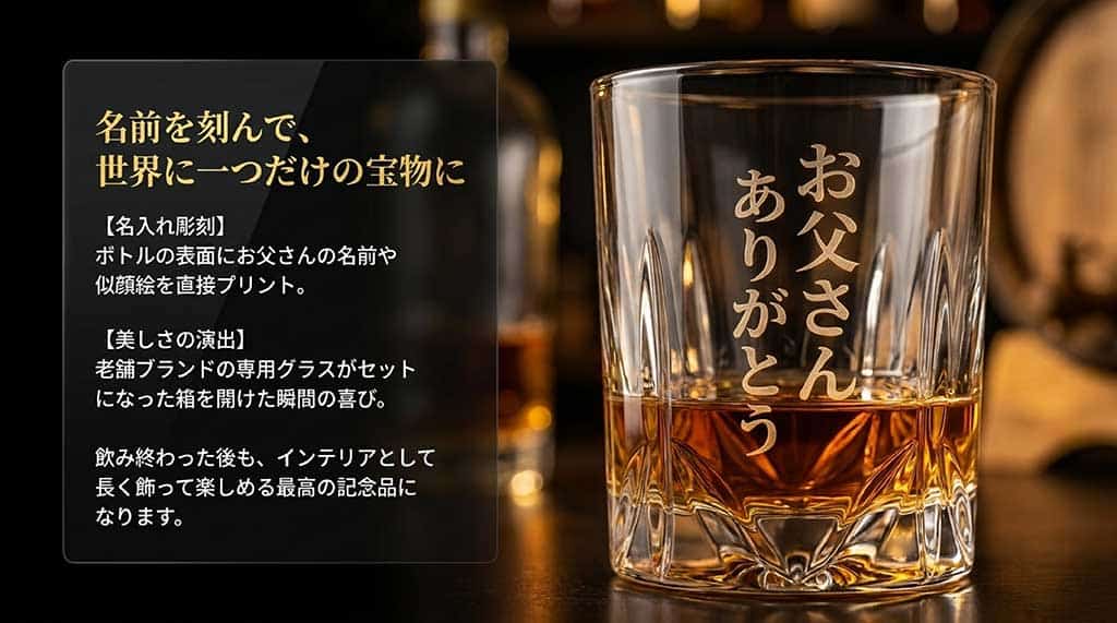 ボトルの表面に名前や似顔絵を施す「名入れ彫刻」と、老舗ブランドの専用グラスがセットになったギフトの美しさと記念品としての魅力を解説したスライド