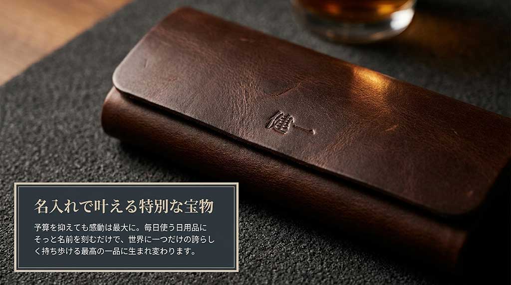予算を抑えても感動を最大にするアイデアとして、毎日使う日用品に名前を刻むことで世界に一つだけの特別な宝物にする名入れギフトの魅力を解説したスライド画像 。