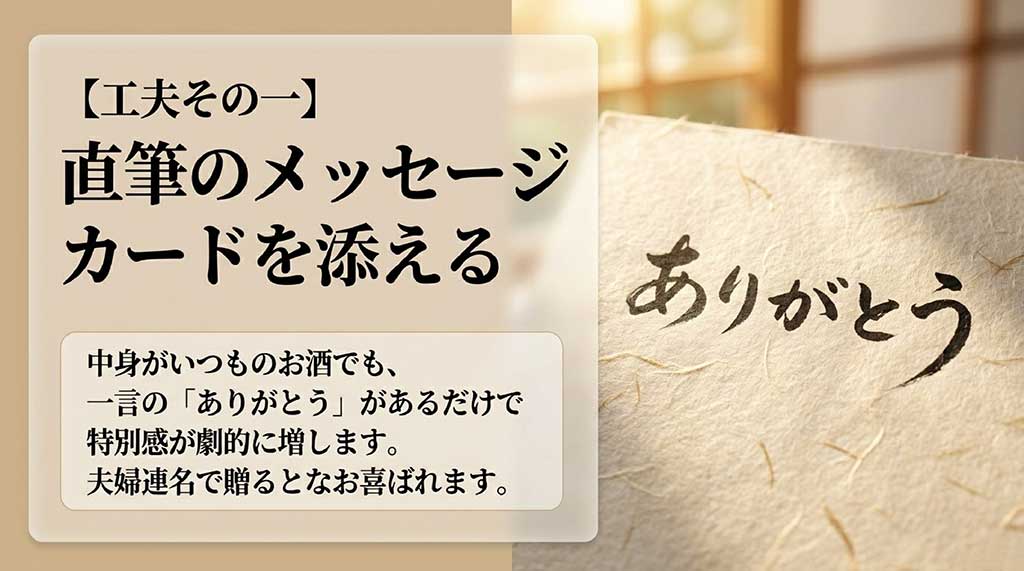 工夫その一として、直筆のメッセージカードを添えるアイデア。一言の「ありがとう」があるだけで特別感が劇的に増し、夫婦連名で贈るとさらによろこばれることを伝えるスライド。