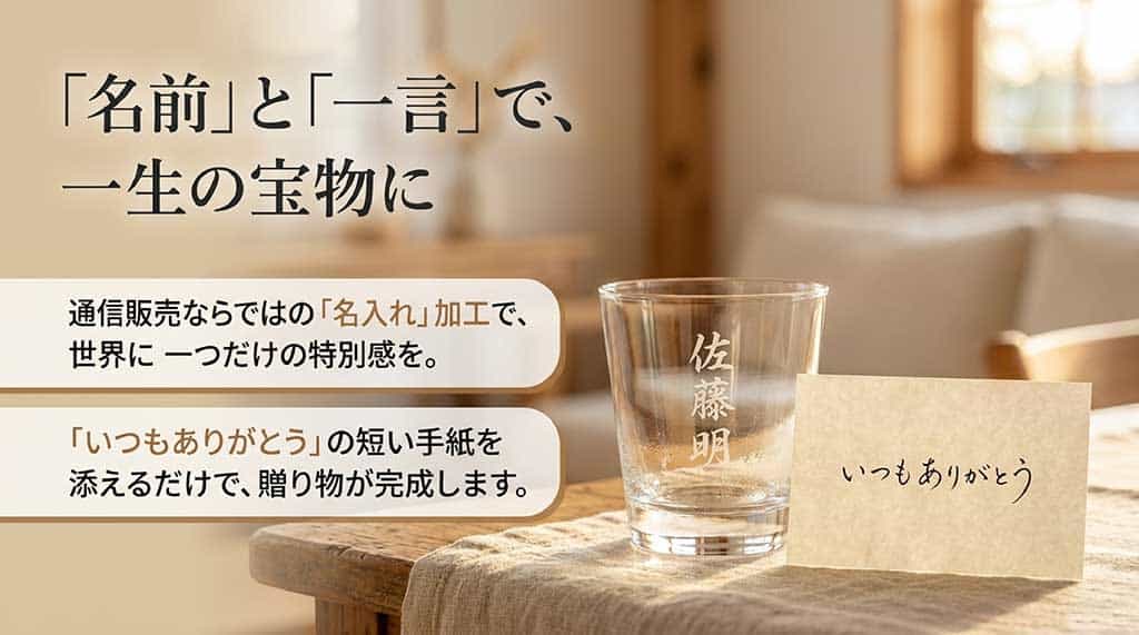 通信販売の名入れ加工で世界に一つだけの特別感を演出し、「いつもありがとう」の短い手紙を添えることで一生の宝物になることを表現したスライド