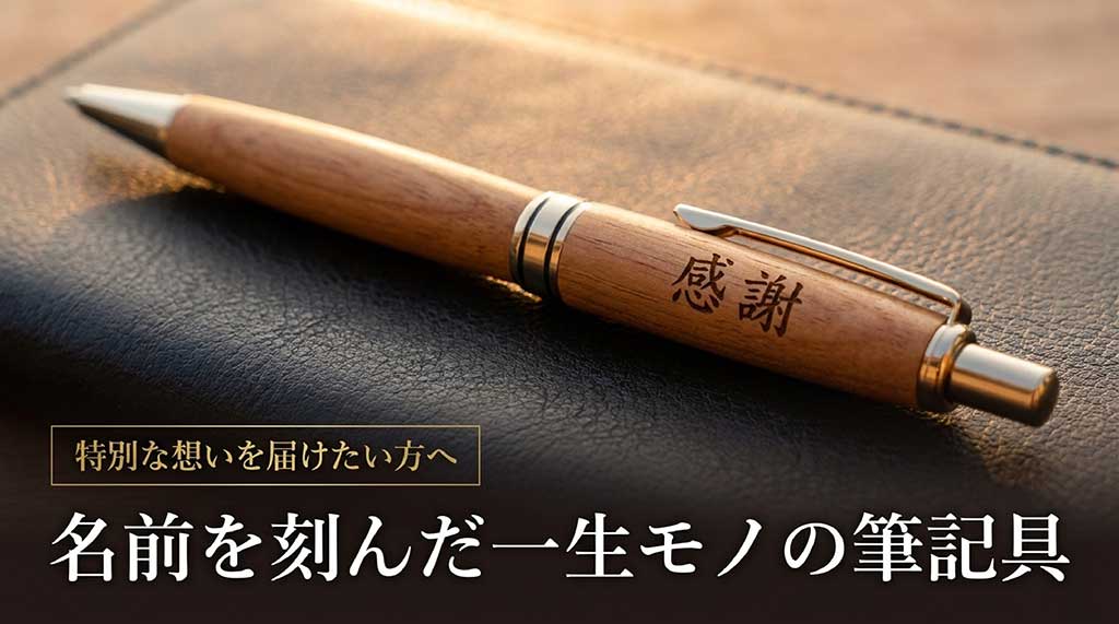 「特別な想いを届けたい方へ 感謝 名前を刻んだ一生モノの筆記具」と書かれた、名入れギフトの紹介スライド